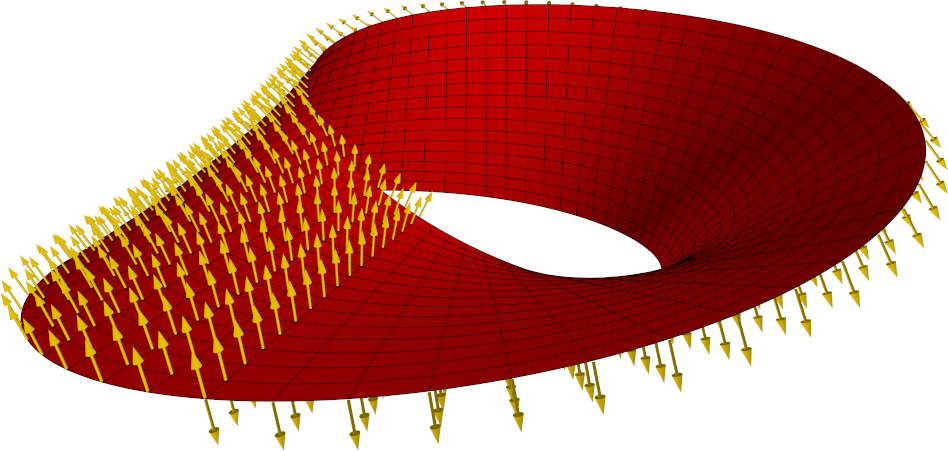 A red Möbius strip with a golden normalized normal vector field on it; the latter is discontinuous along a single line on the surface.