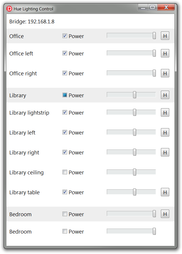 A screenshot of the Hue Lighting Control application, displaying the light state of every room and every individual light source.