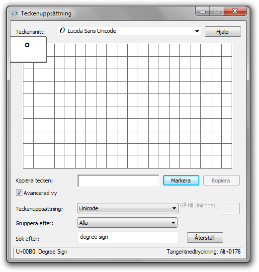 Windows-programmet Teckenuppsättning i vilket användaren sökt efter gradtecknet.