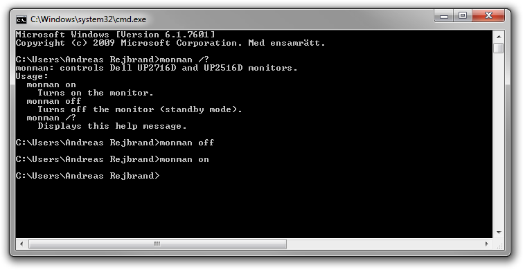 Screenshot of the Windows console running the monman utility