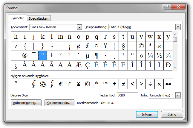 Dialogrutan Symbol i Microsoft Word 2010. Gradtecknet är markerat, och dess beskrivning och kodpunkt syns i dialogrutan.