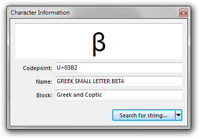 Rejbrand Text Editor med den grekiska gemena bokstaven beta i fönstret Teckeninformation.