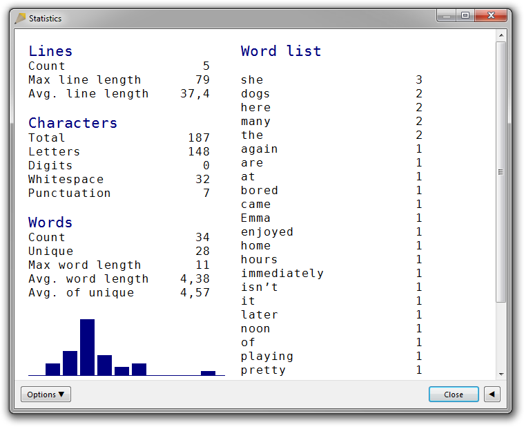 A screenshot of the Statistics dialog box in Rejbrand Text Editor 3.1.3. Statistics for a small text file is displayed.