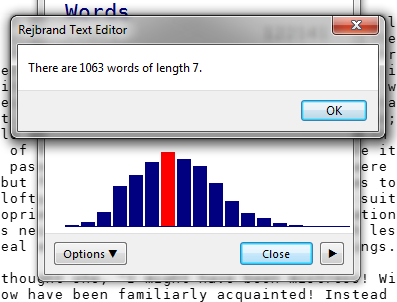 A screenshot of the Statistics dialog box in Rejbrand Text Editor 3.1.3. Statistics for a large text file is displayed. One of the bars has been clicked. It is highlighted in red, and a dialog box contains the word length and frequency of the clicked bar: 'There are 1063 words of length 7.'