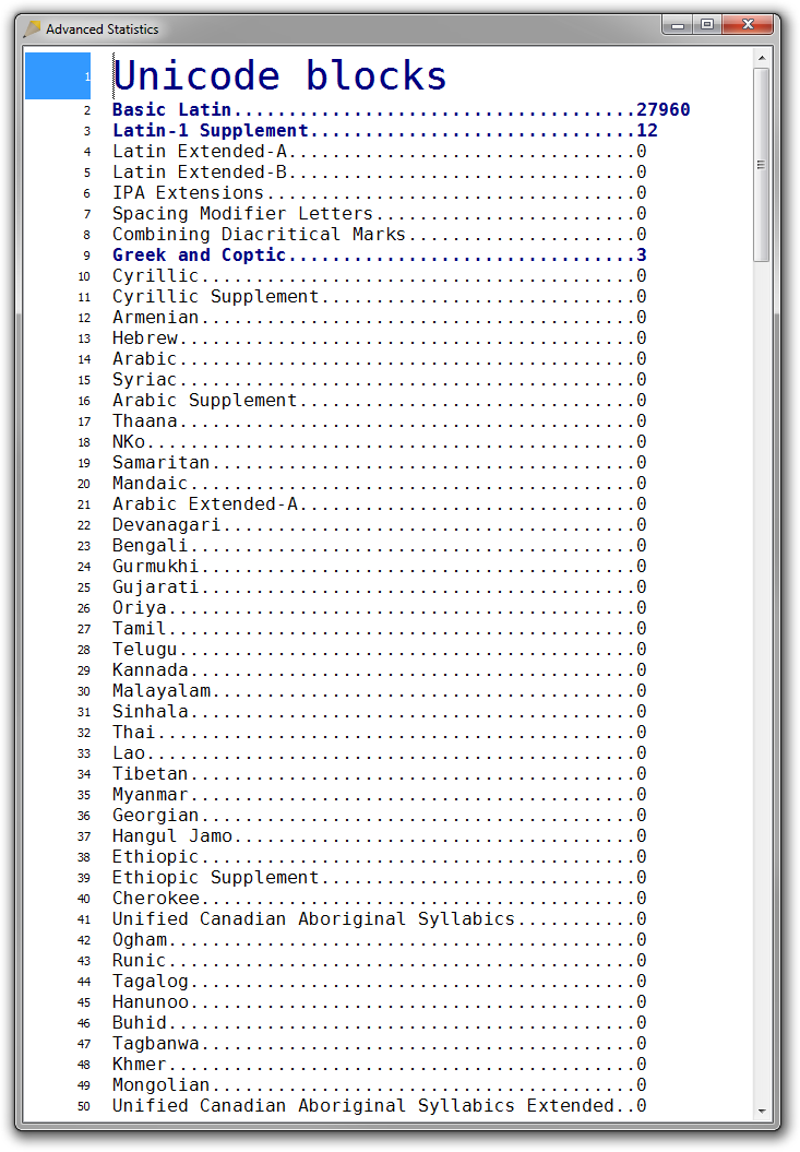 Screenshot of Rejbrand Text Editor displaying the Advanced Statistics window.