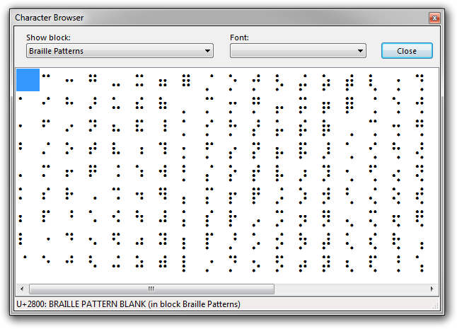 Screenshot of Rejbrand Text Editor displaying the Character Browser dialog box with various Unicode groups.