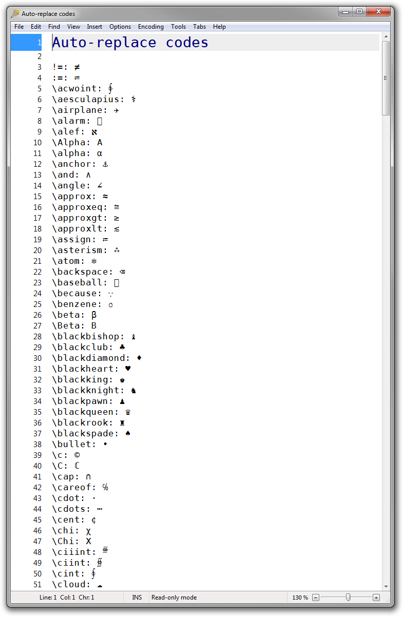 Screenshot of Rejbrand Text Editor displaying the list of all AutoReplace-codes.