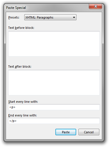 A screenshot of the Paste Special dialog box in Rejbrand Text Editor, about to paste a few paragraphs of text as HTML paragraphs.