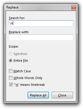 A screenshot of the Replace dialog box in Rejbrand Text Editor, about to remove all line breaks in the file.