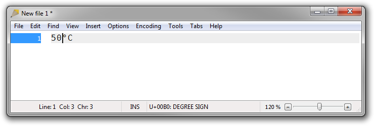 Screenshot of Rejbrand Text Editor displaying Unicode character information in the status bar.