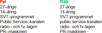 Texten "27-årige, 14-åring, SVT-programmet, radio- och TV-lagen, PR-maskineriet" dels med korrekt bindestreck, dels med felaktigt tankstreck i stället för bindestreck.