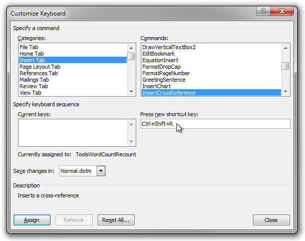 The Customize Keyboard dialog box in Microsoft Word 2010