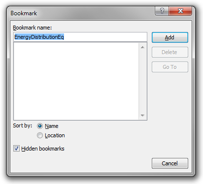 The Bookmark dialog in Word 2010.