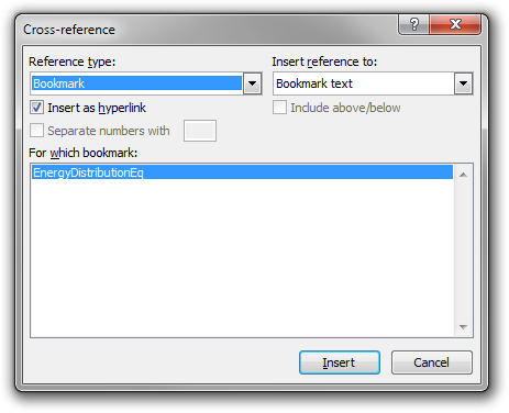 Inserting a cross-reference to a bookmark.