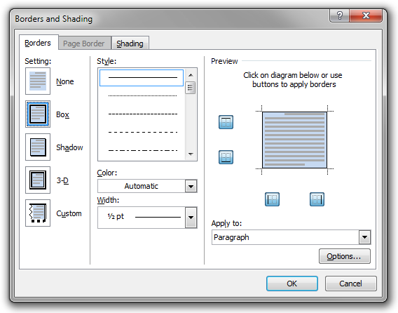 The Borders and Shading dialog box used to edit the presentational attributes of the Example Box paragraph style.