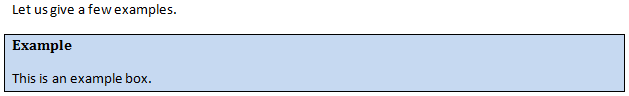 A bordered and coloured exmple box with heading in Microsoft Word.