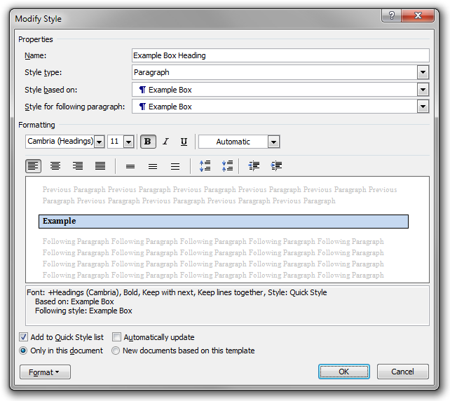 The Modify Style dialog box used to edit the Example Box Heading paragraph style.