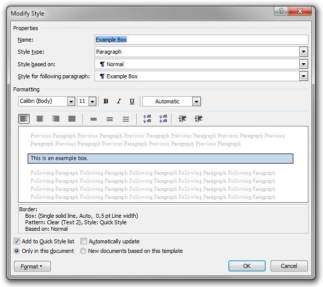 The Modify Style dialog box used to edit the Example Box paragraph style.