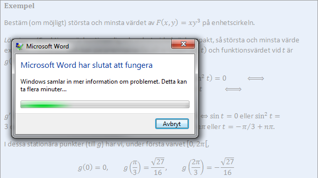 A screenshot of a Microsoft Word 2010 document. Microsoft Word has crashed, and Windows Error Reporting is collecting data about the crash.