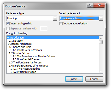 The Cross-reference dialog box in Microsoft Word 2010 showing headings