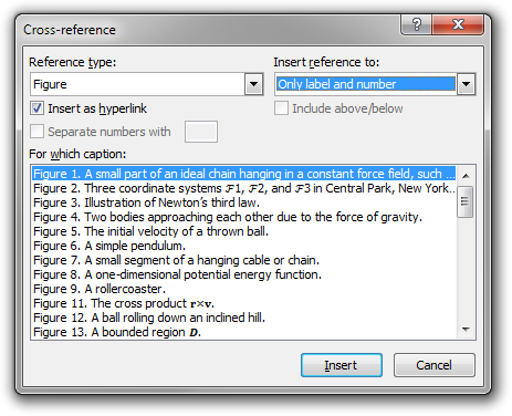 The Cross-reference dialog box in Microsoft Word 2010 showing figures