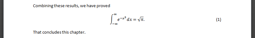 Microsoft Word 2010: A formula is numbered using the table method.