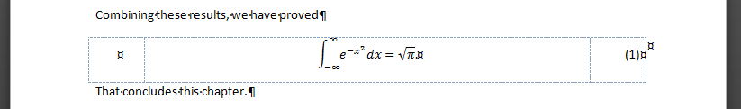 Microsoft Word 2010: A formula is numbered using the table method. Hidden formatting characters and the table gridlines are displayed.