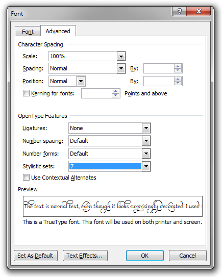 The Font dialog box in Microsoft Word 2010 on the Advanced tab, where you find the OpenType features.