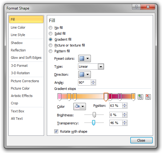 The Format Shape dialog box in Microsoft Word 2010.