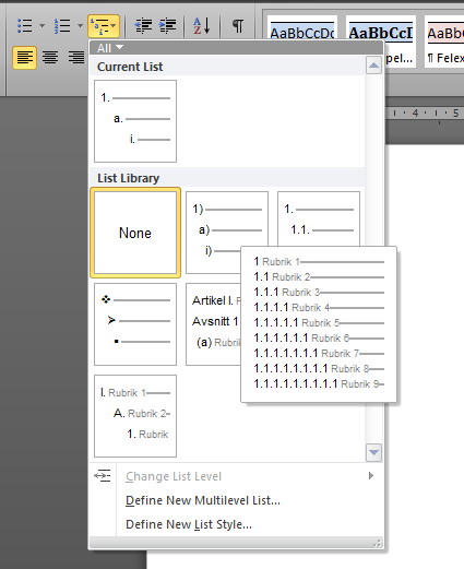 The List Library gallery in the popup menu of the Multilevel List button in the Paragraph group on the Home tab of the ribbon of Microsoft Word 2010.