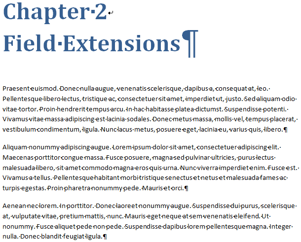 Screenshot from Microsoft Word in which hidden characters (formatting symbols) are shown.