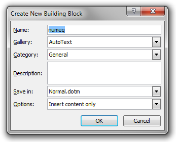 The 'Create New Building Block' dialog in Word 2010.