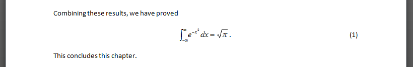 A Microsoft Equation 3.0 equation object numbered using tab stops.