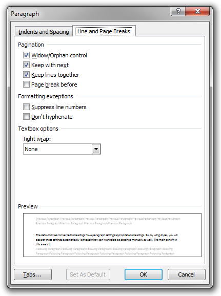 The Line and Page Breaks tab in the Paragraph dialog box in Word 2010