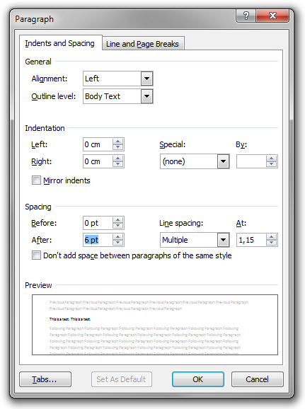 The Indent and Spacing tab in the Paragraph dialog box in Microsoft Word 2010. The field Spacing After has focus.