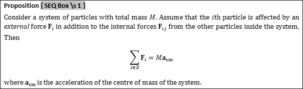 A numbered proposition in a box. The heading says 'Proposition { SEQ Box \s 1}' and the proposition is Newton's second law for a discrete system of particles.