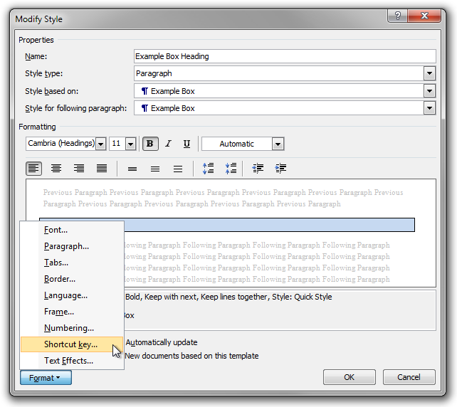 The 'Shortcut key' menu item in the Format popup menu in the Modify Style dialog box in Microsoft Word 2010.