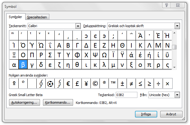Dialogrutan Symbol i Microsoft Word 2010 med tecknet för den gemena grekiska bokstaven beta markerat.