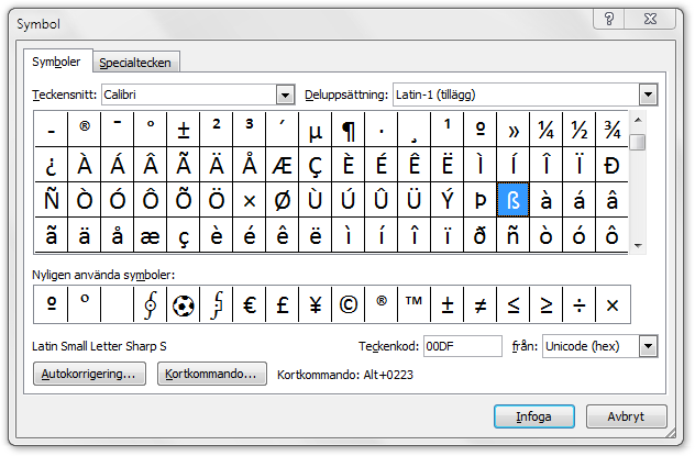 Dialogrutan Symbol i Microsoft Word 2010 med tecknet tyskt dubbel-s markerat.