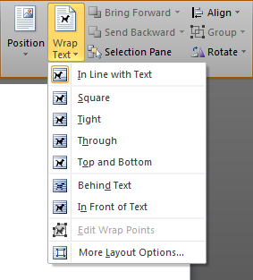 The Wrap Text commands in Microsoft Word 2010. The drop down menu associated with the 'Wrap Text' button in the Arrange group in the Format Drawing Tools contextual tab in the ribbon in Microsoft Word 2010 is shown. The options are: In Line with Text, Square, Tight, Through, Top and Bottom, Behind Text, and In Front of Text. The menu also contains two commands 'Edit Wrap Points' and 'More Layout Options...'.