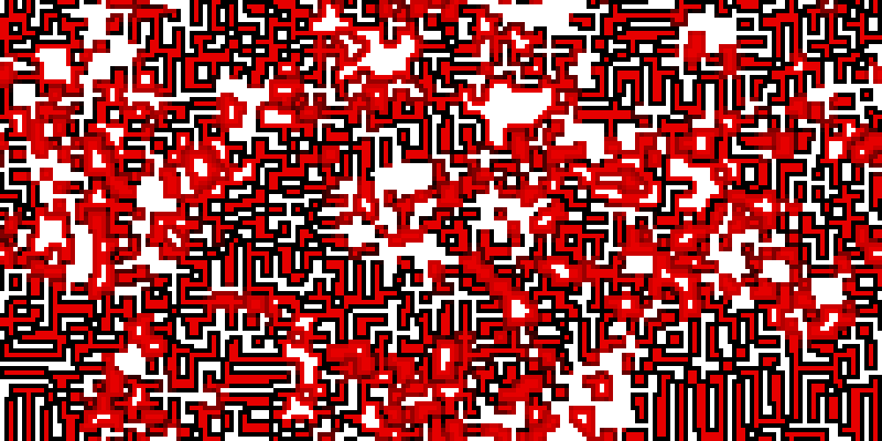 On a white background (that you don't see very much of), red regions with black borders are seen. These regions are mainly rectangular, or unions of rectangles. Outside these, there are occasional irregular red regions (without black borders), sometimes with white holes.