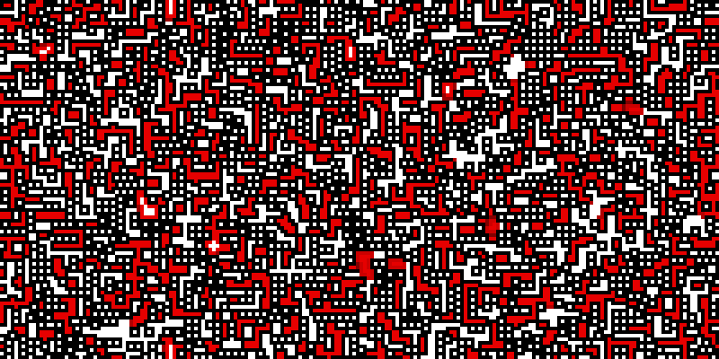 A huge number of white squares with black borders are scattered across the bitmap; they tend to form horizontal and vertical stripes. Surrounding these are larg(er) red and white regions, seperated by black lines, each region a union of orthogonal rectangles.