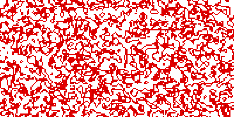 Bright red pixels form an intricate pattern of clusters and thin strings connecting them, all on a white background. Maybe it looks a bit like red paint.