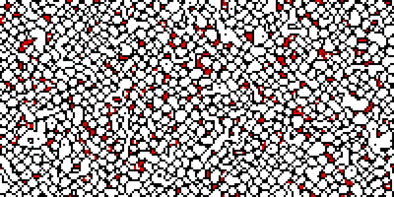 Black thin curves divide the white bitmap background into many densely-packed round spaces, like small airways and alveoli. Some smaller spaces are partly red (like capillaries). 