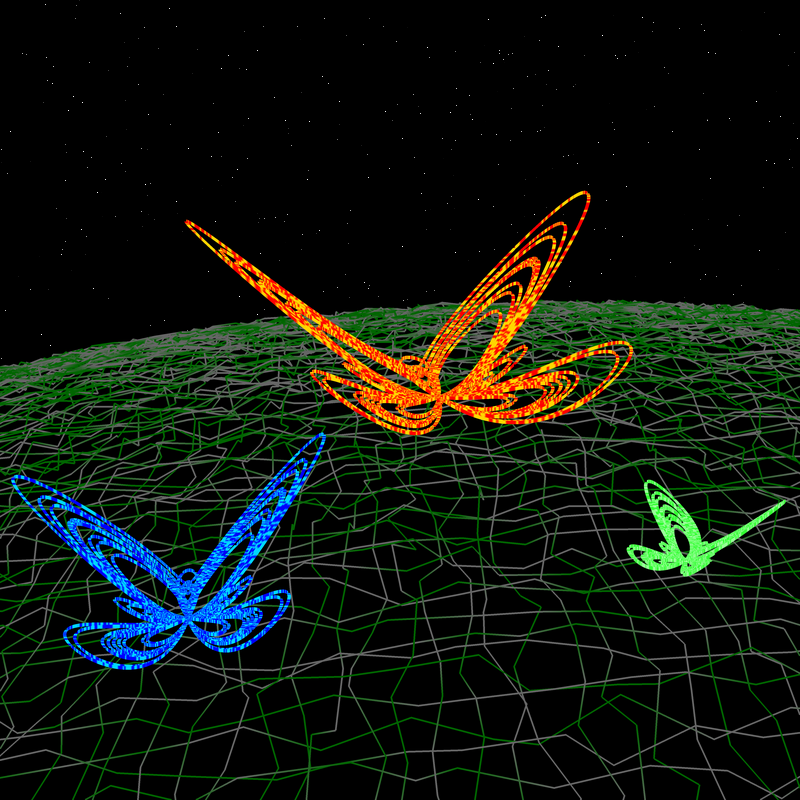 Konstverk med tre fjärilar som flyger ovanför en sfärisk himlakropp. I bakgrunden syns stjärnor.