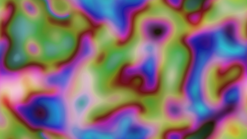 A single frame in the simulation. The entire image is filled with colour. There are no single-colour regions, but rather a number of irregularly shaped regions, with smooth boundaries, filled with very smooth gradients. There are no straight lines or sharp borders. There are a lot of blue shades, and a lot of green shades. Between these regions, there is some pink, red, and brown. Small regions tend to contain lighter colours, almost white, and you can also find a few very dark regions, almost black. Some yellow can be found, too.